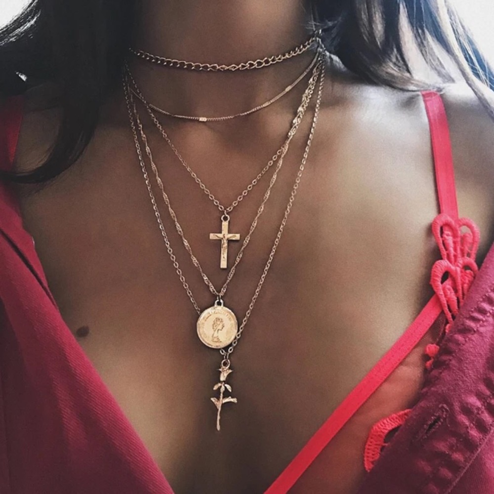 Rose Flower Cross Pendant 5 pieces Multilayer Necklace